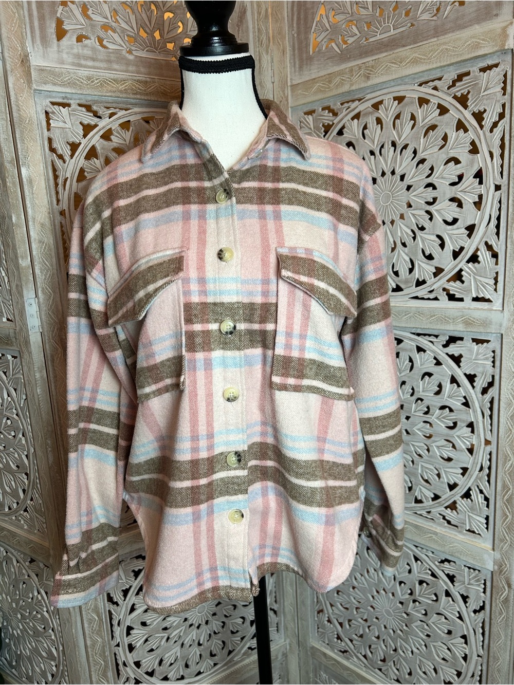 Barbie Pink Plaid Button-Down Shacket with Blue and Brown Stripes
